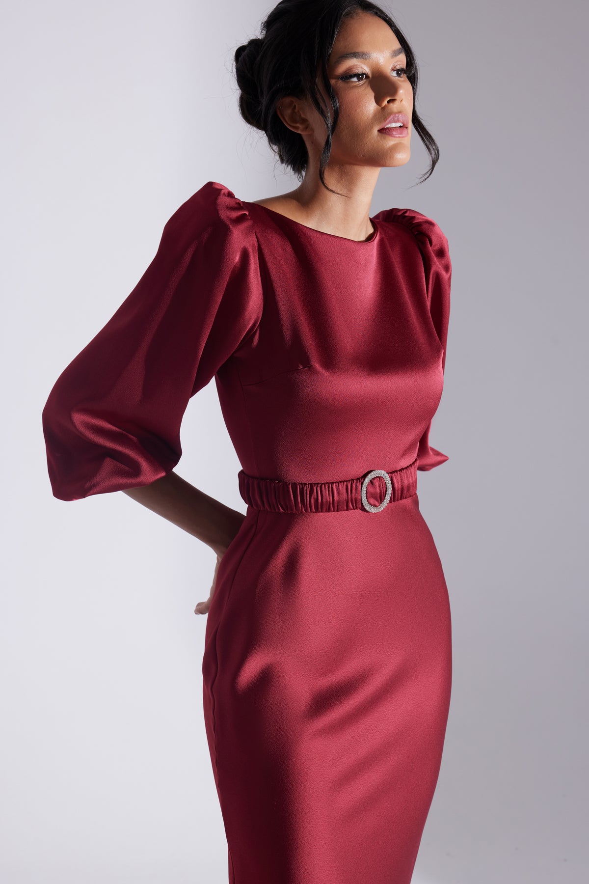 Diana Stone Belted DARK RED Dress
