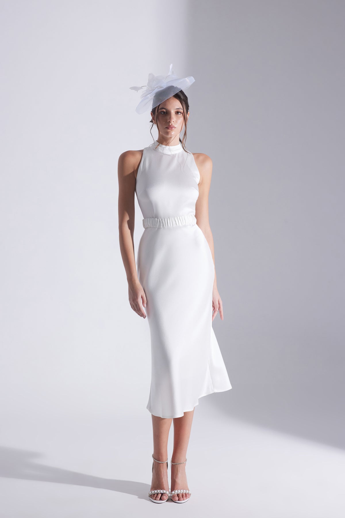 Siena Sleeveless Judge Collar White Satin Evening Dress