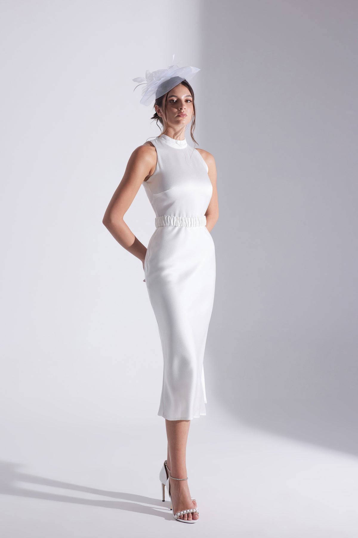 Siena Sleeveless Judge Collar White Satin Evening Dress