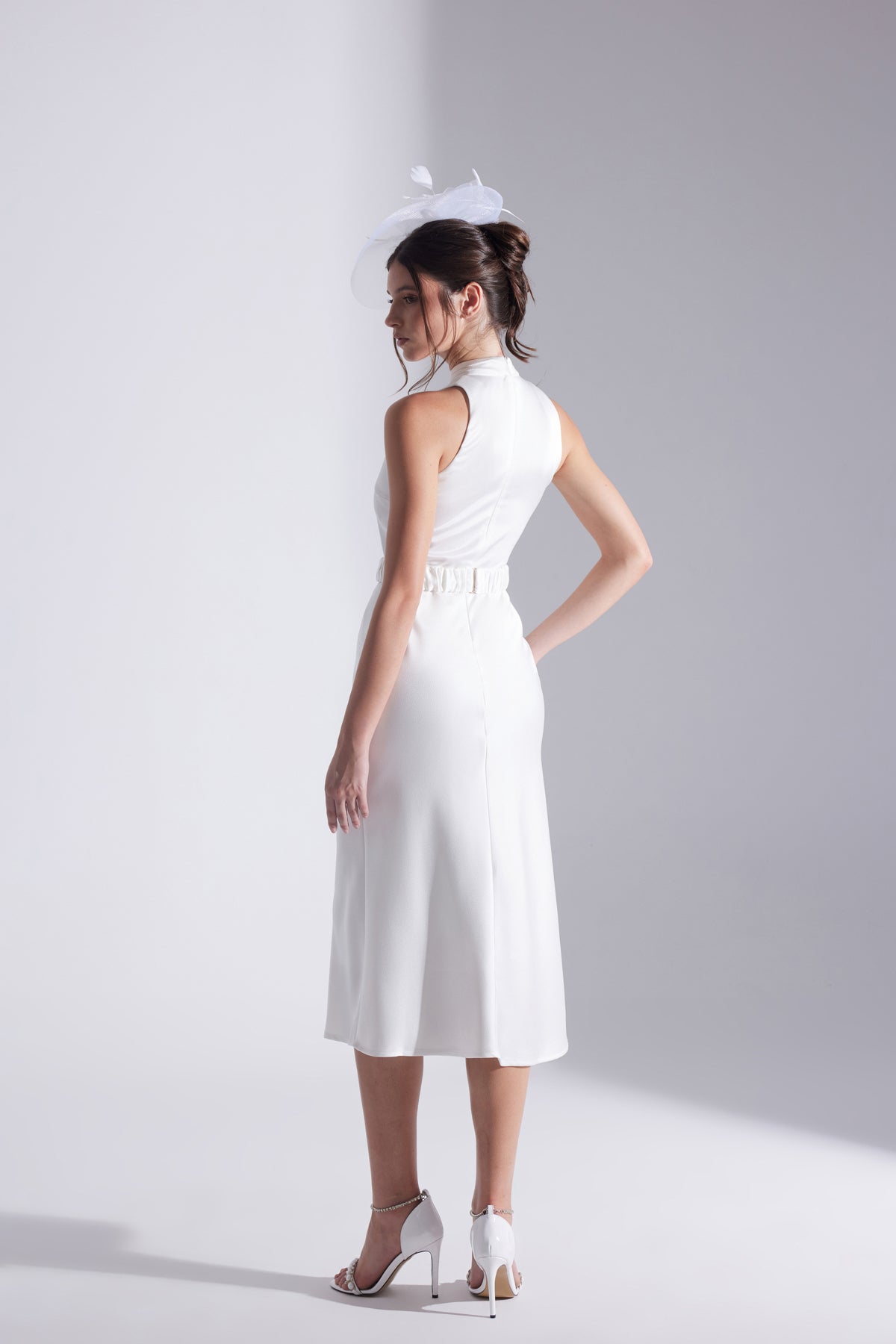 Siena Sleeveless Judge Collar White Satin Evening Dress