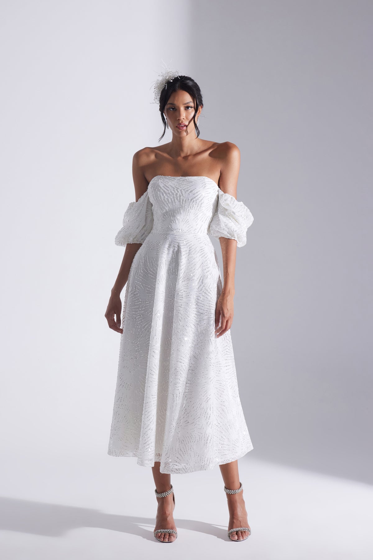 SARAH Robe de Mariage Midi Blanche à Manches Volantes Pailletées