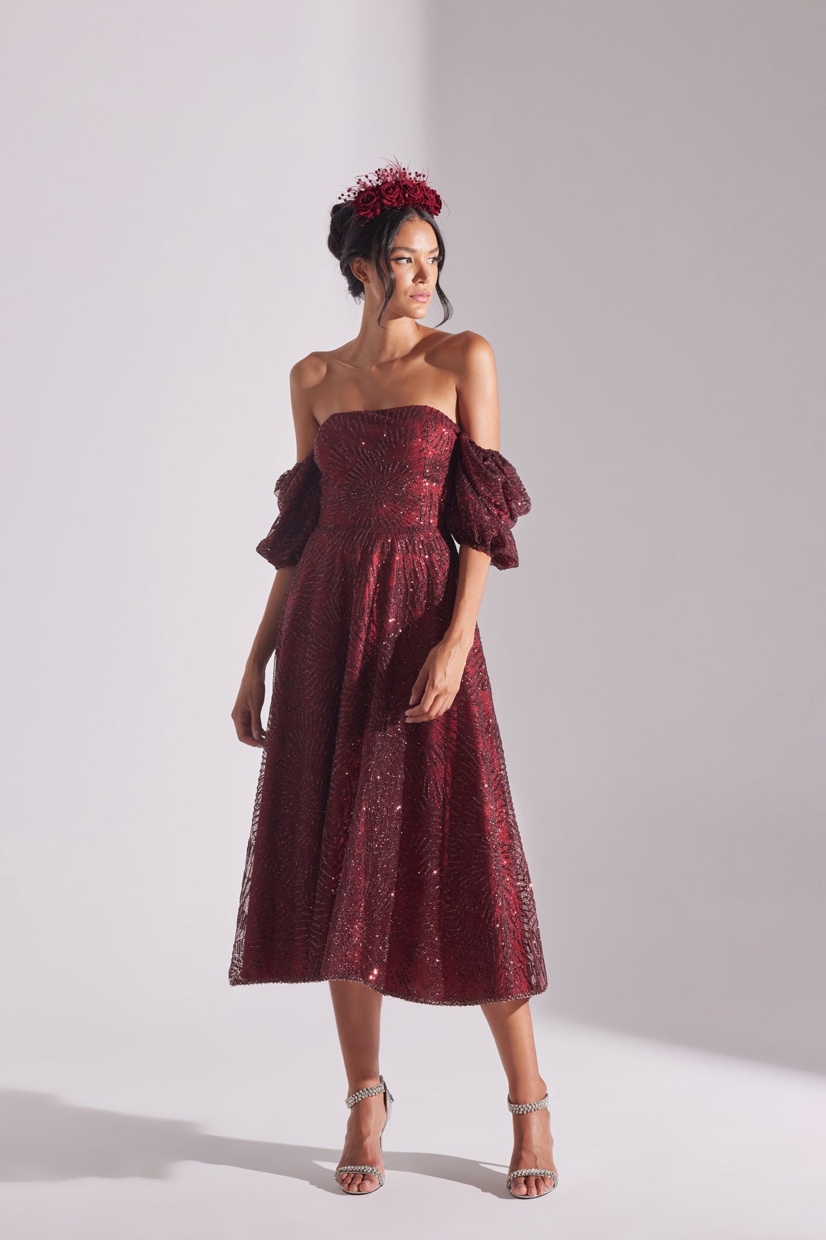 SARAH Shiny Balloon Sleeve Ruffled DARK RED Midi Length Engagement Dress