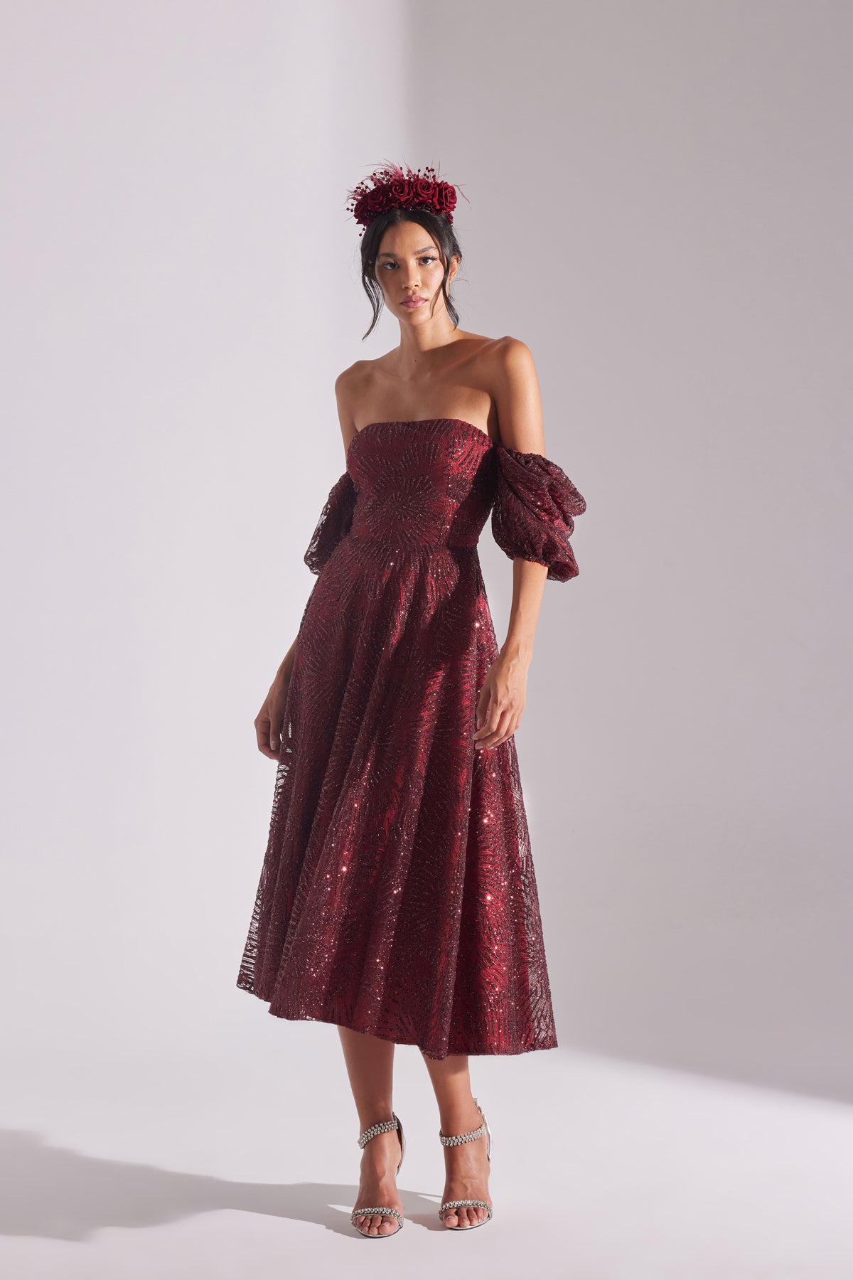 SARAH Shiny Balloon Sleeve Ruffled DARK RED Midi Length Engagement Dress
