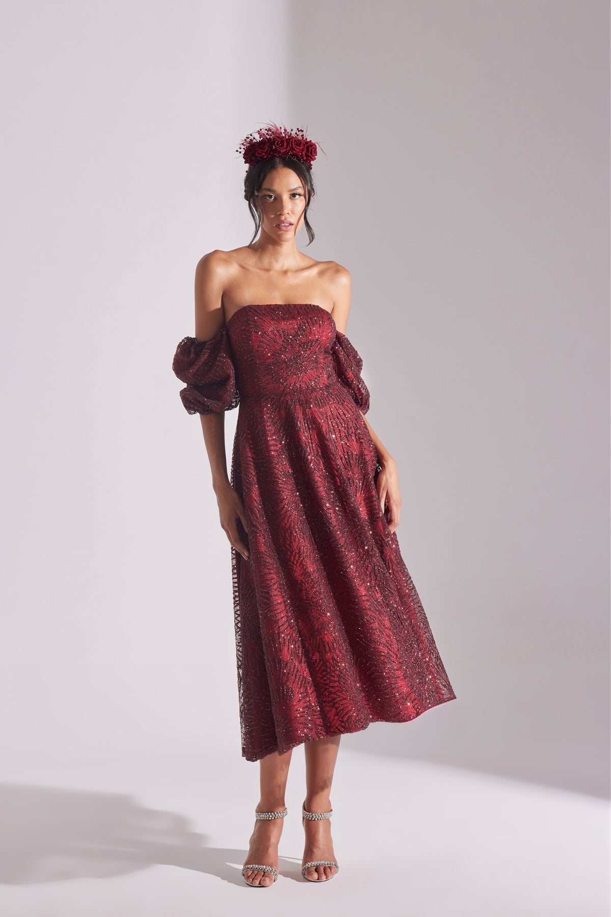 SARAH Shiny Balloon Sleeve Ruffled DARK RED Midi Length Engagement Dress
