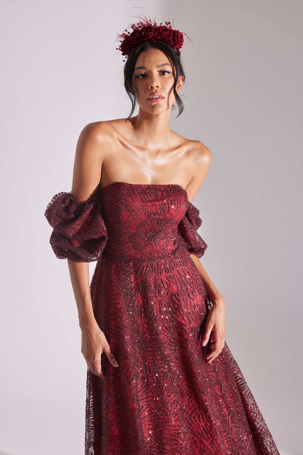 SARAH Shiny Balloon Sleeve Ruffled DARK RED Midi Length Engagement Dress