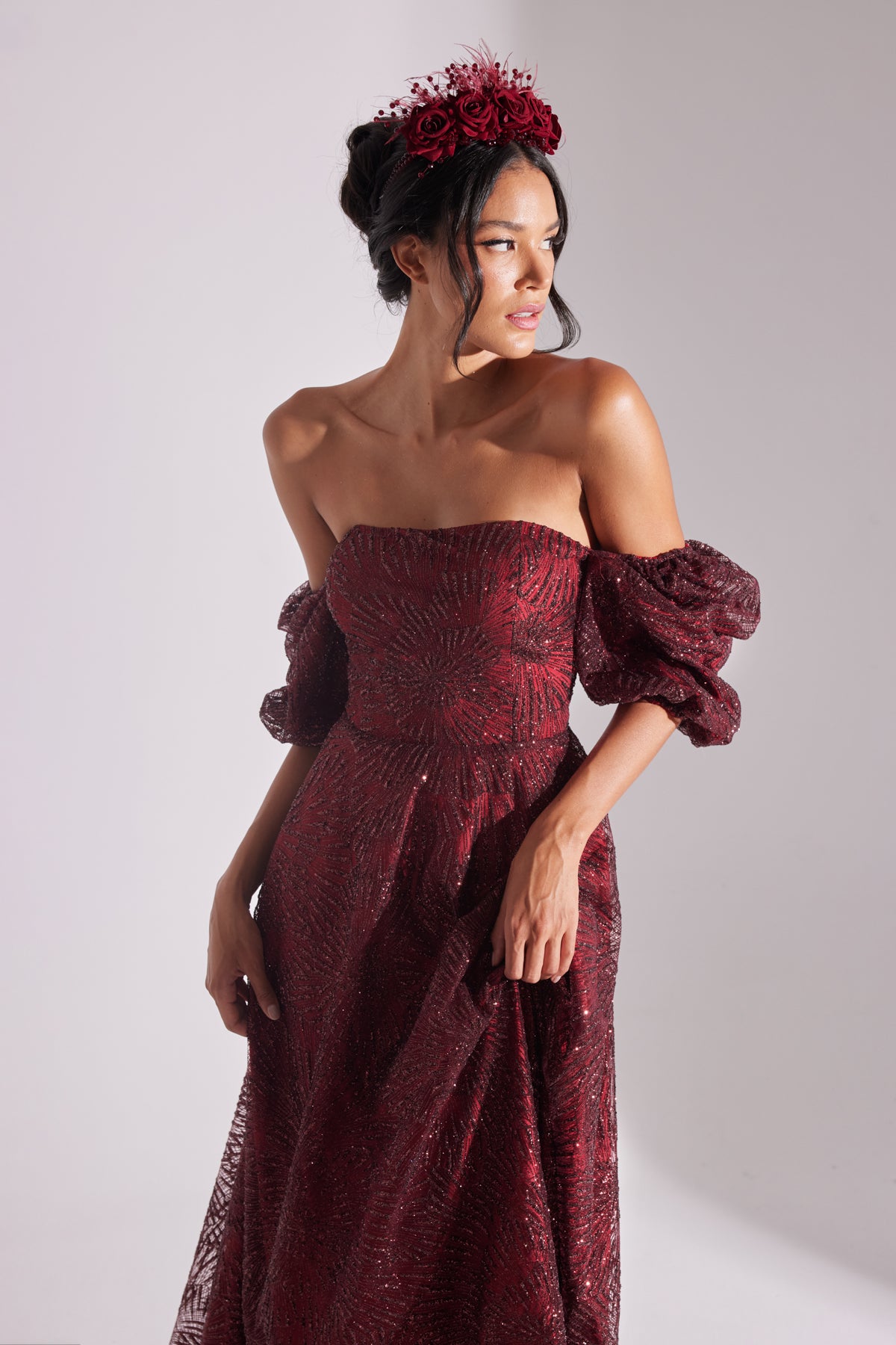 SARAH Shiny Balloon Sleeve Ruffled DARK RED Midi Length Engagement Dress