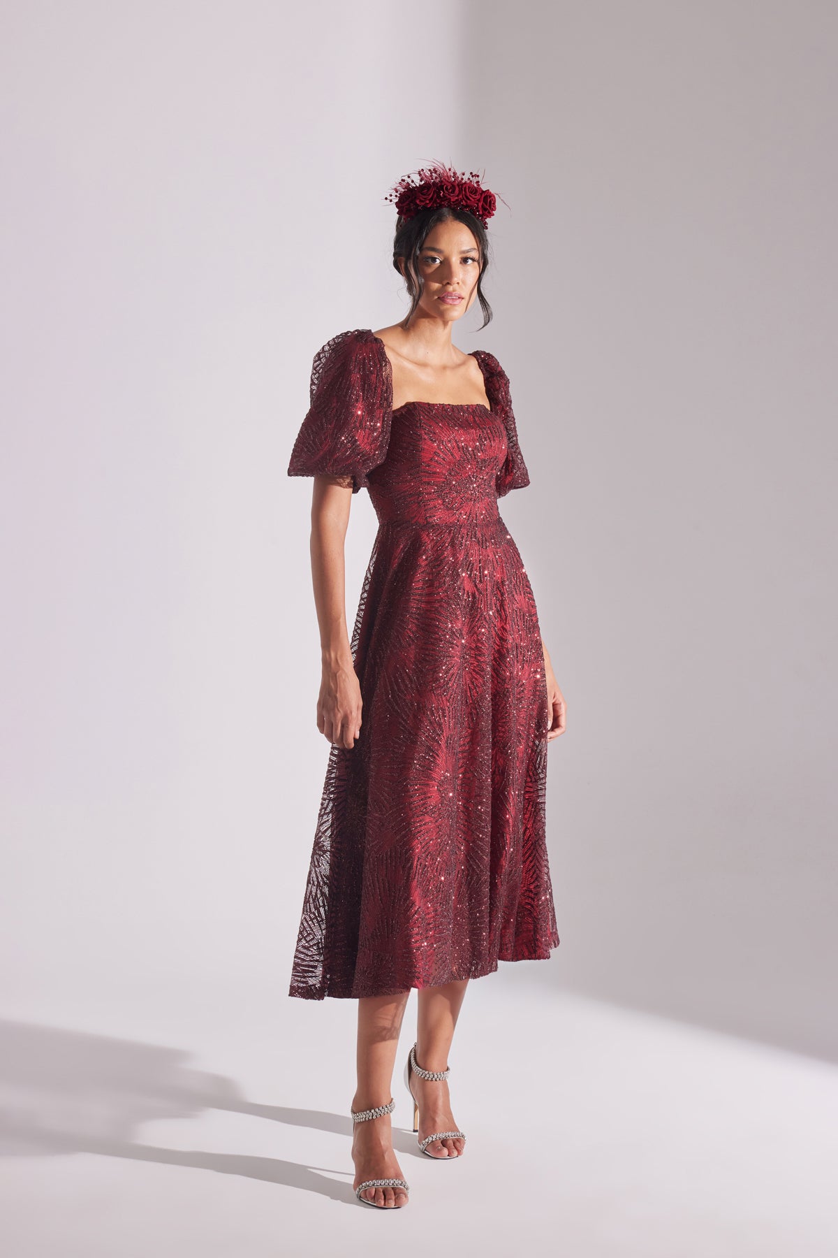 SARAH Shiny Balloon Sleeve Ruffled DARK RED Midi Length Engagement Dress