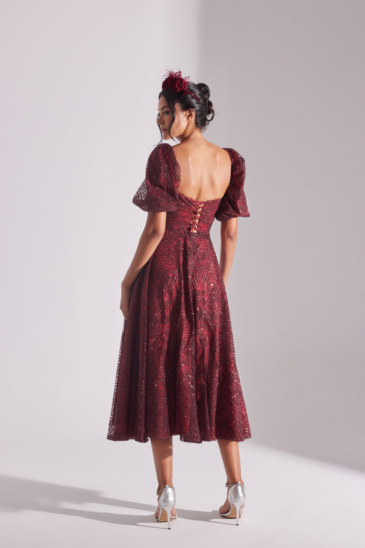 SARAH Shiny Balloon Sleeve Ruffled DARK RED Midi Length Engagement Dress