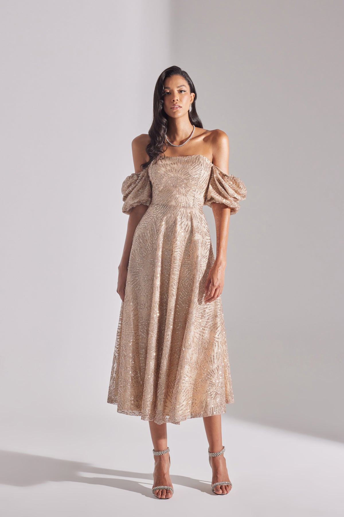 SARAH Shiny Balloon Sleeve Ruffled DORE Midi Length Engagement Dress