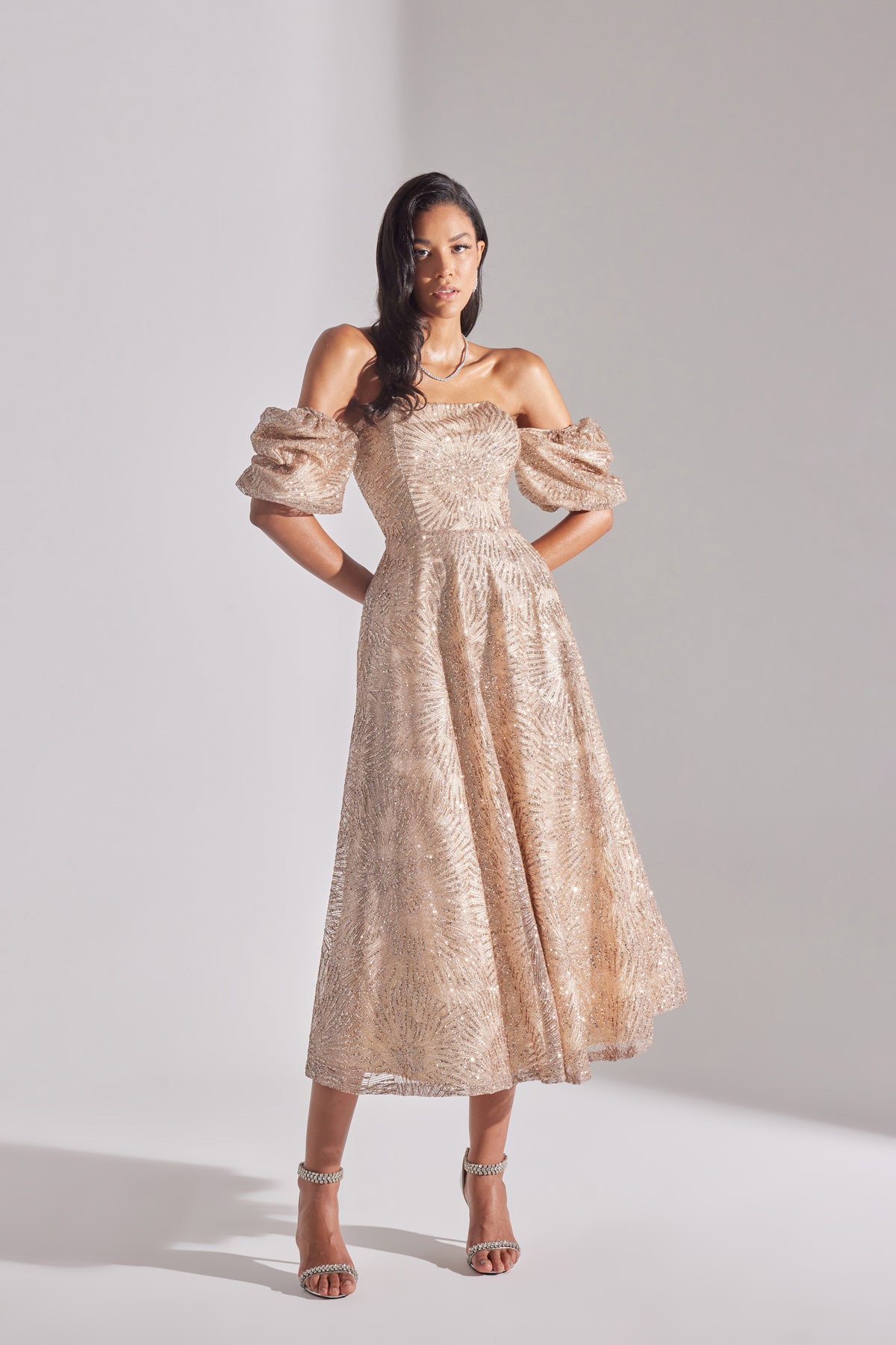 SARAH Shiny Balloon Sleeve Ruffled DORE Midi Length Engagement Dress