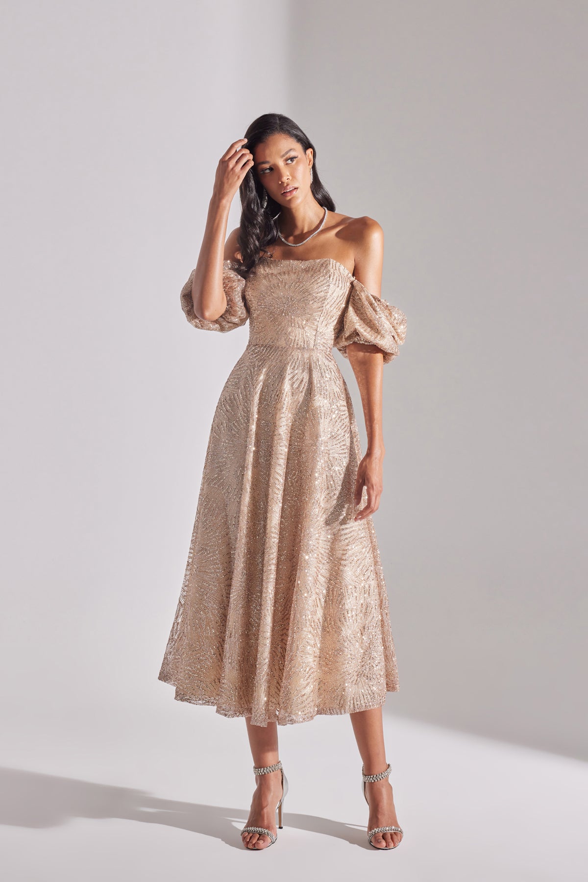 SARAH Shiny Balloon Sleeve Ruffled DORE Midi Length Engagement Dress