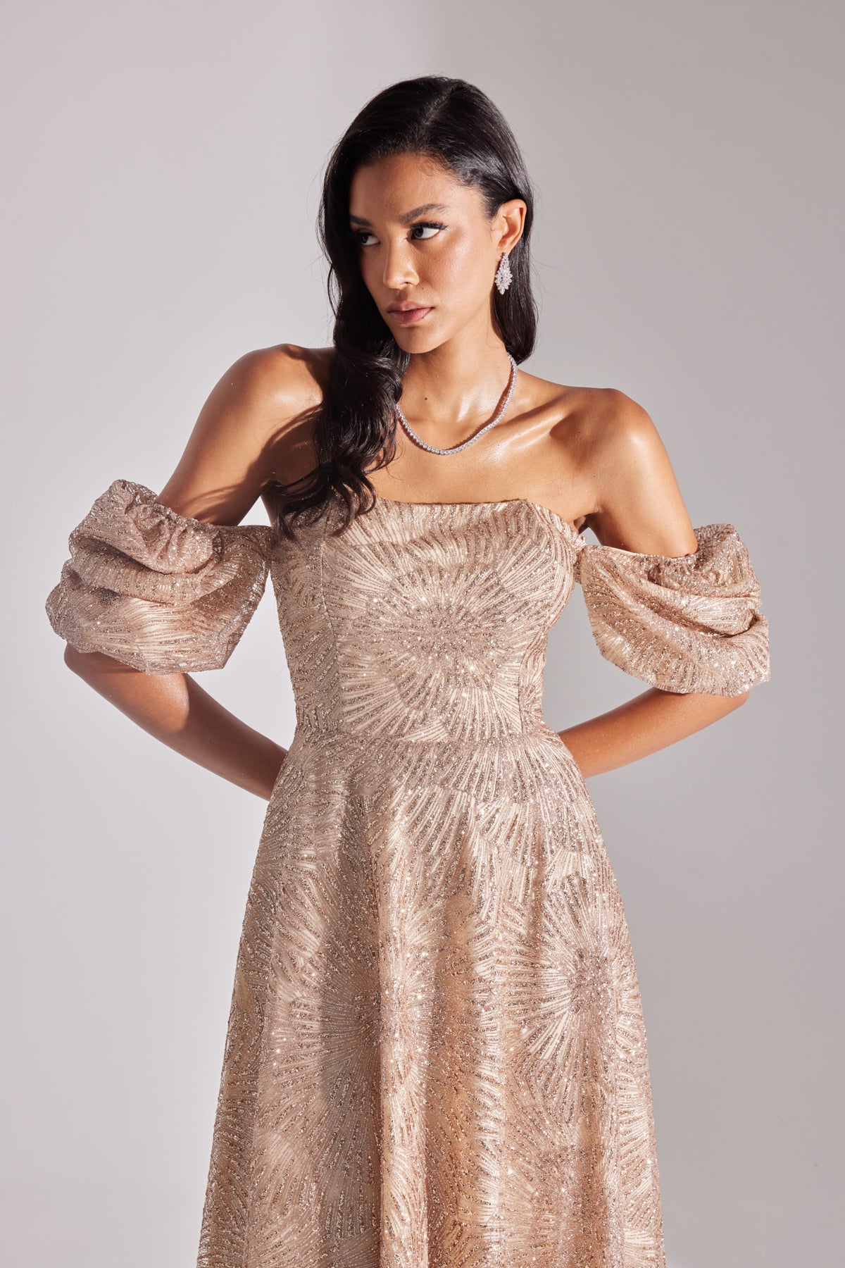 SARAH Shiny Balloon Sleeve Ruffled DORE Midi Length Engagement Dress