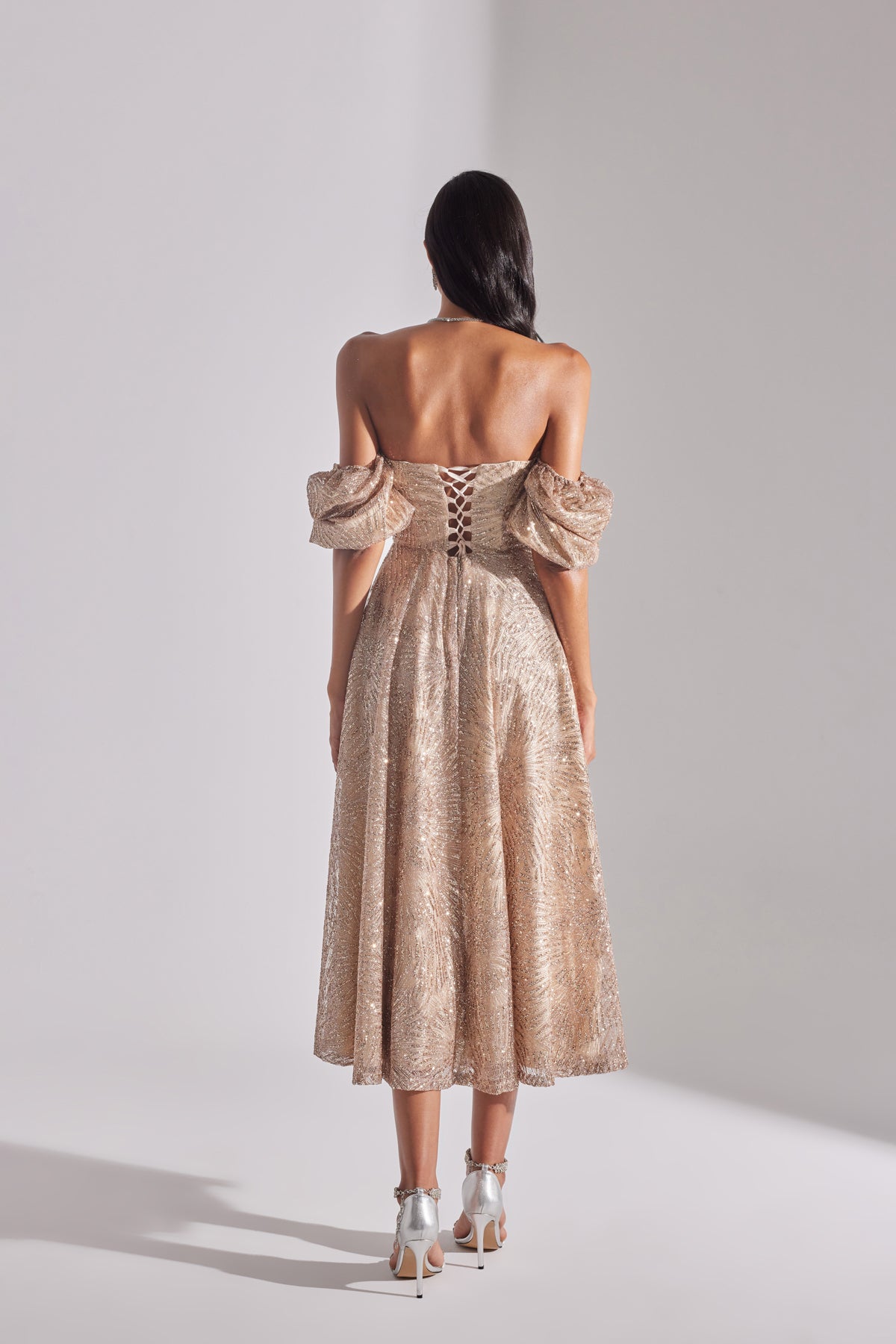 SARAH Shiny Balloon Sleeve Ruffled DORE Midi Length Engagement Dress
