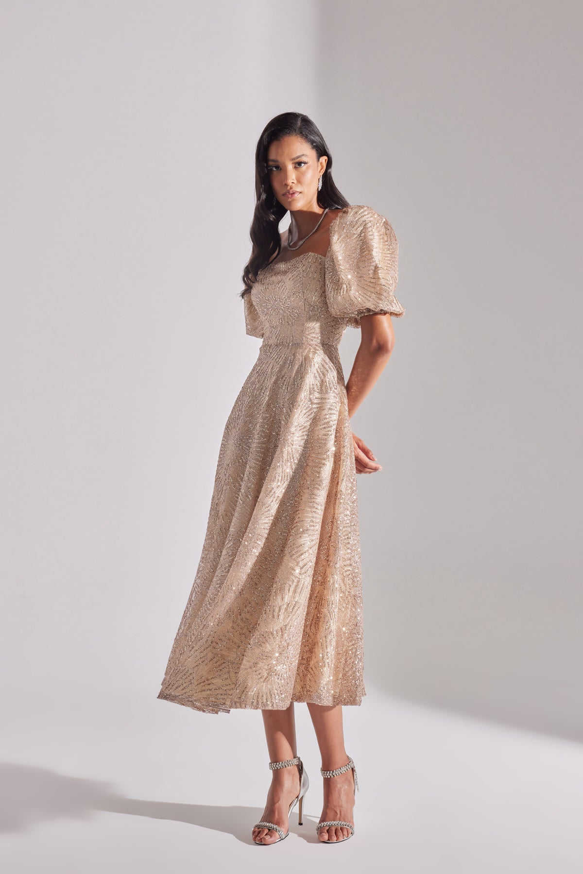 SARAH Shiny Balloon Sleeve Ruffled DORE Midi Length Engagement Dress