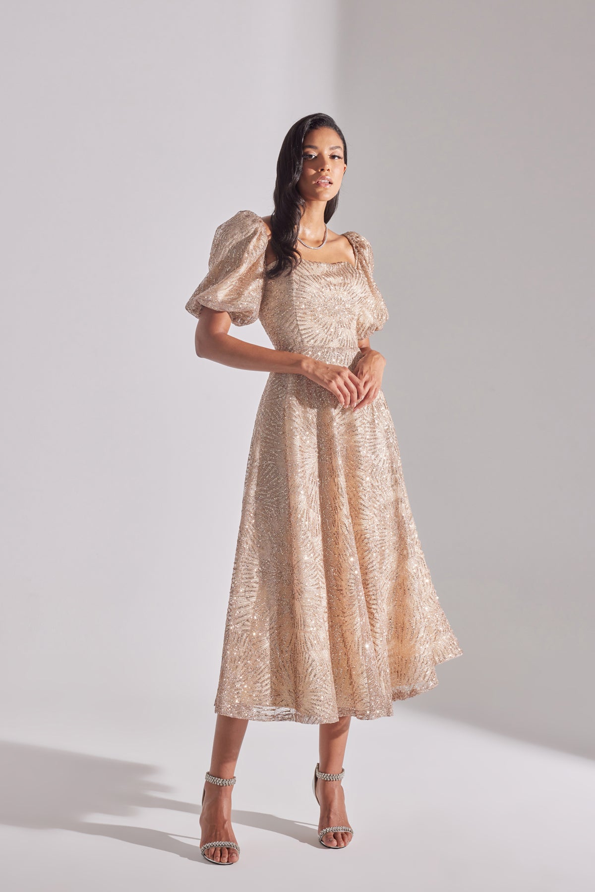SARAH Shiny Balloon Sleeve Ruffled DORE Midi Length Engagement Dress