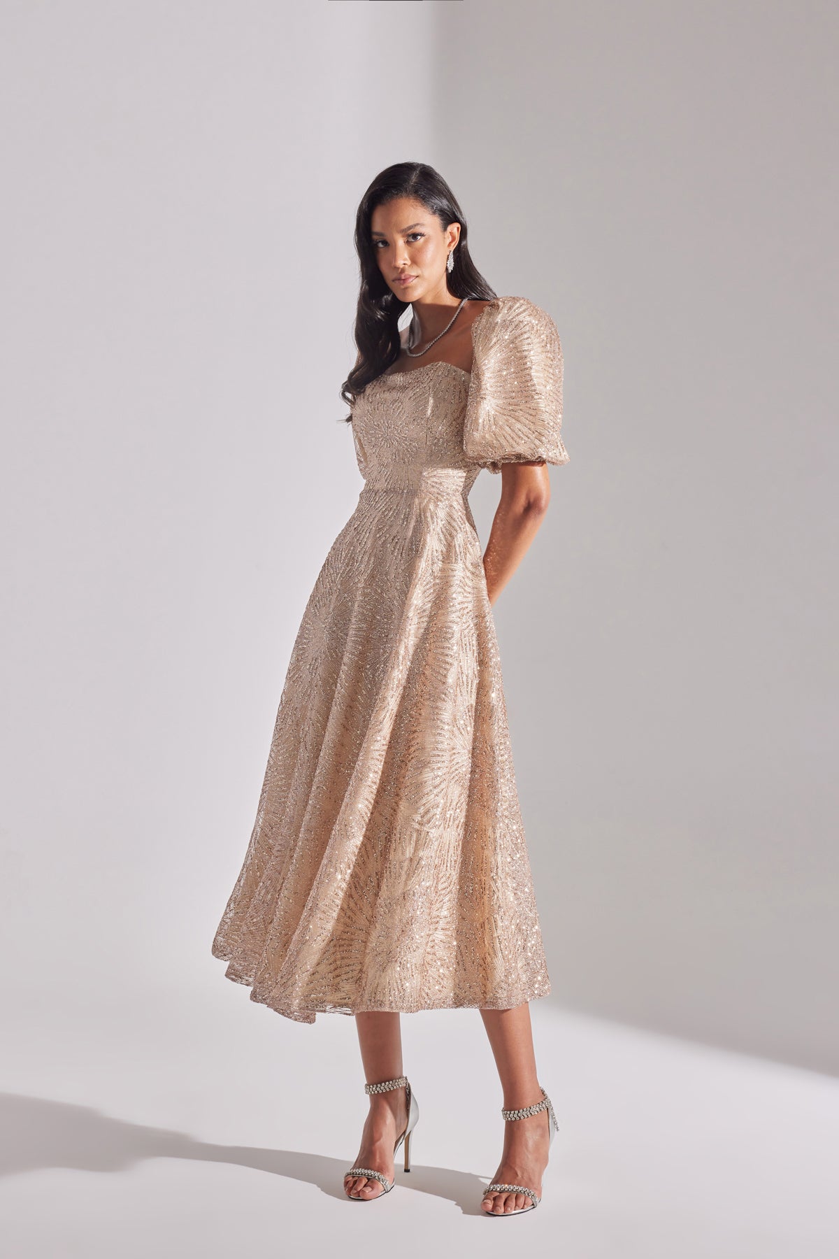SARAH Shiny Balloon Sleeve Ruffled DORE Midi Length Engagement Dress