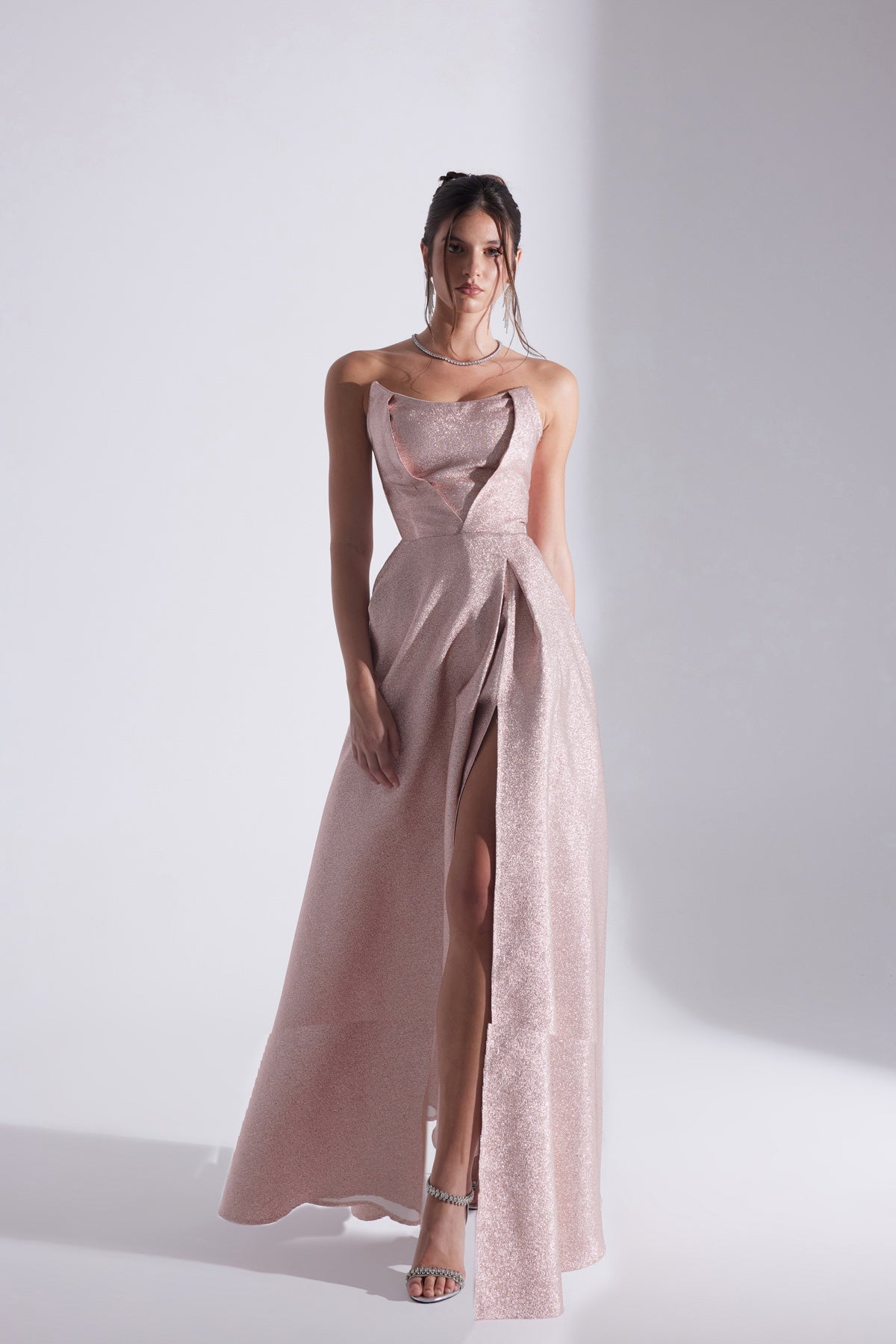 ALEX Powder Jacquard Slit Strapless Evening Dress