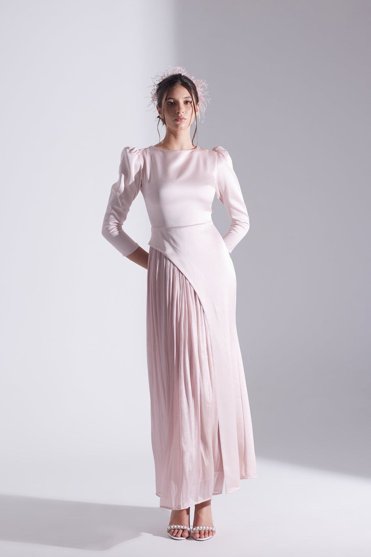 RIVA POWDER ASYMMETRICAL DETAILED CHIFFON SKIRT DRESS