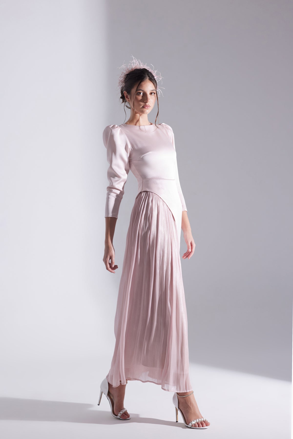 RIVA POWDER ASYMMETRICAL DETAILED CHIFFON SKIRT DRESS