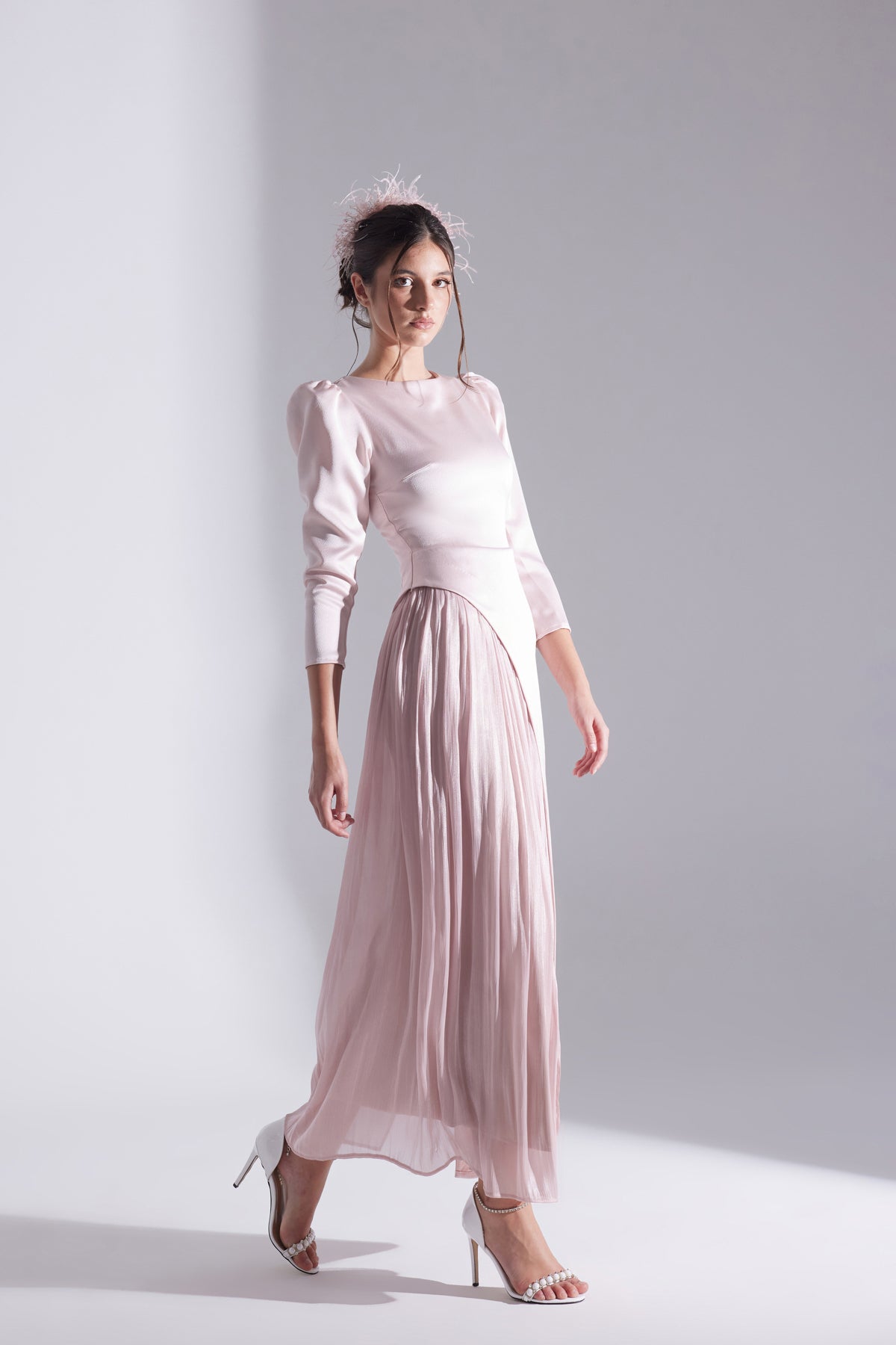RIVA POWDER ASYMMETRICAL DETAILED CHIFFON SKIRT DRESS