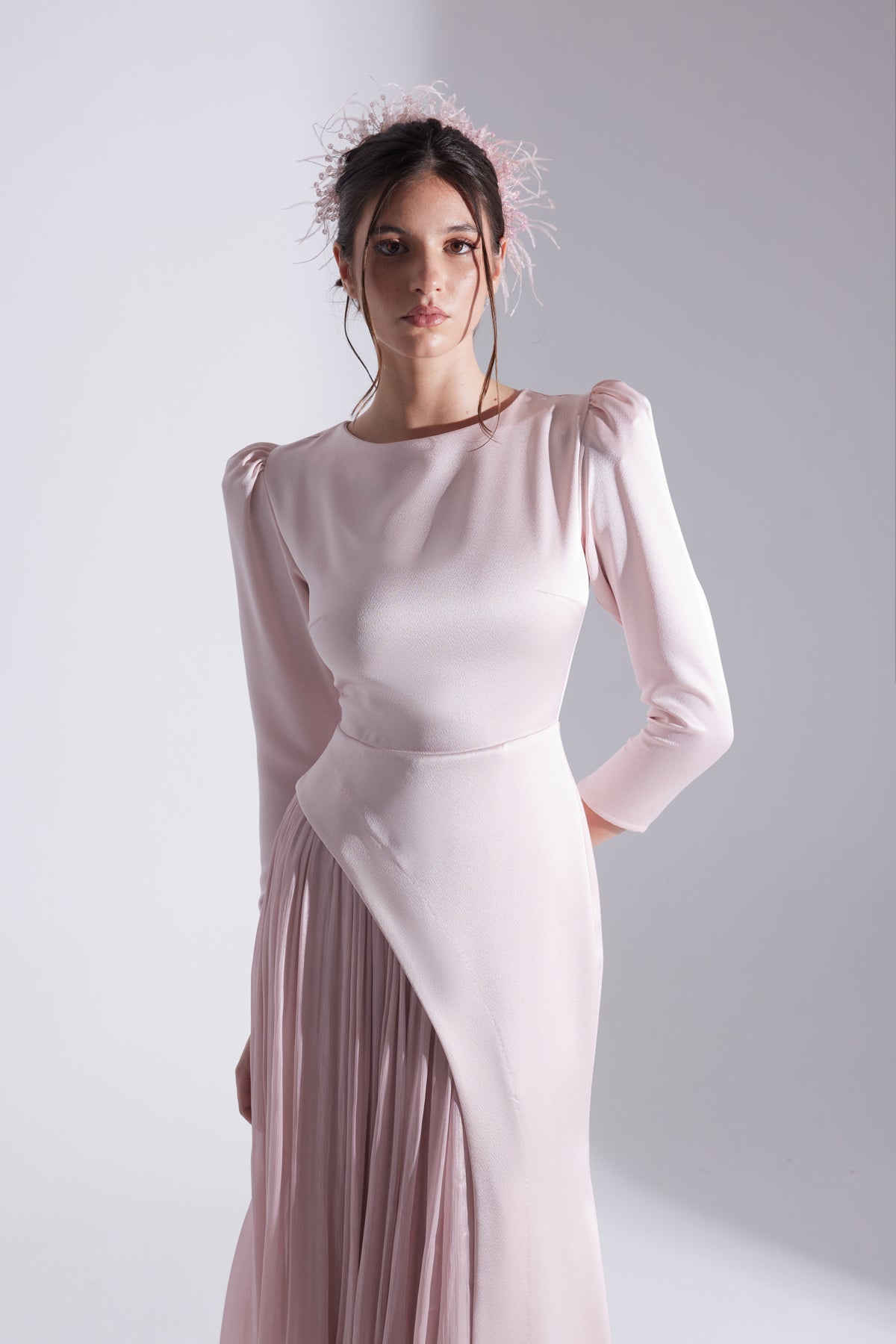 RIVA POWDER ASYMMETRICAL DETAILED CHIFFON SKIRT DRESS