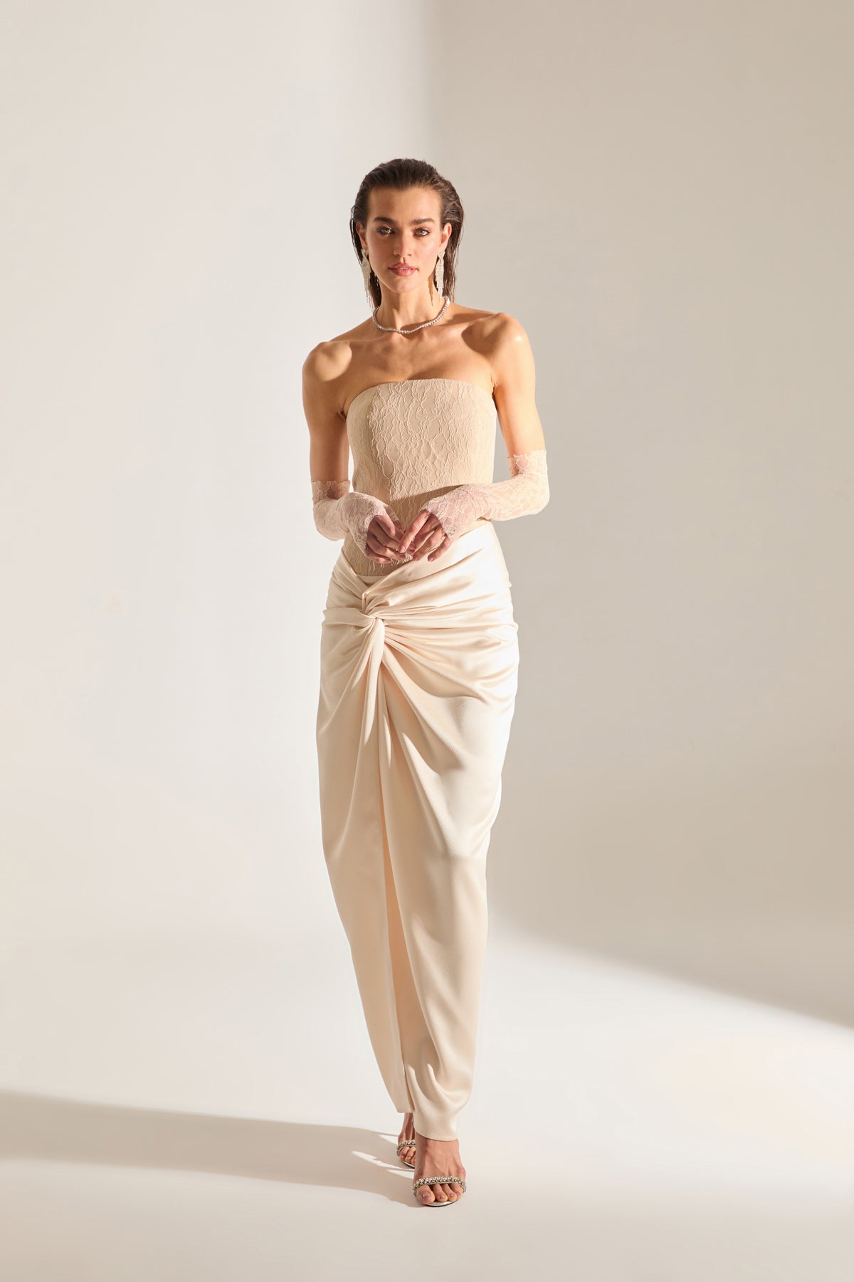 Melissa Dantel Saten Strapless Elfenbein Abendkleid