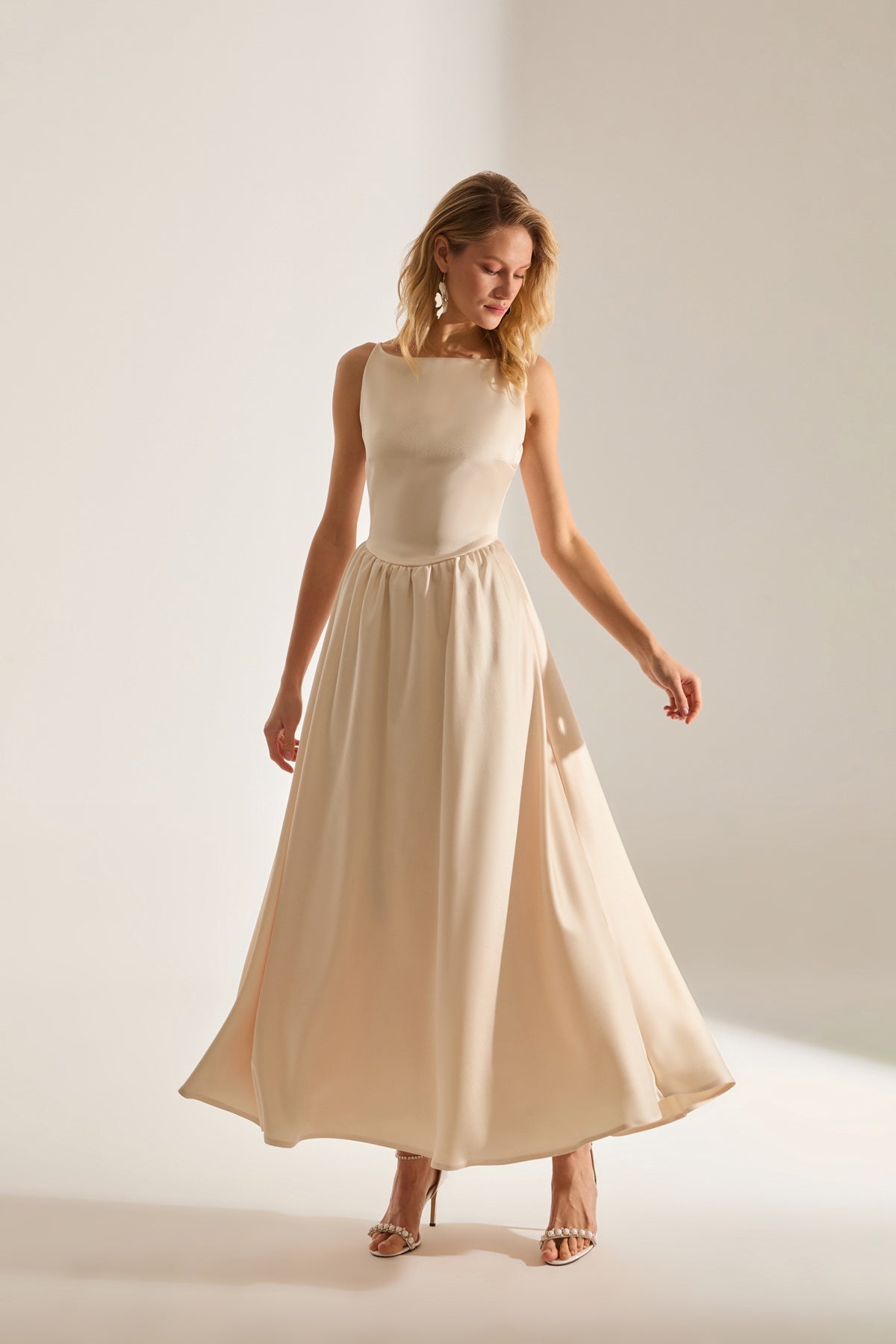 Heaven Pleated Skirt Strap Ecru Engagement Dress