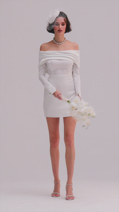 Sofia Düşük Omuz Beyaz Mini Nikah Elbisesi