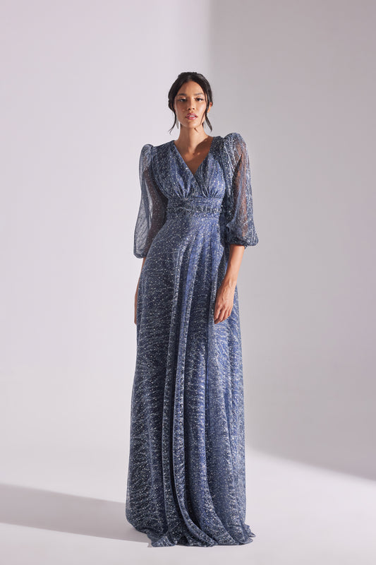CAMELA GLITTERED RUFFLED PETROL BLUE BALLOON SLEEVE EVENING DRESS