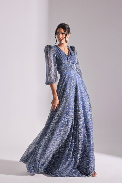 ROBE DE SOIRÉE EN MOUSTACHE BLEU PÉTROLE AVEC VOLANTS EN PAILLETTES
