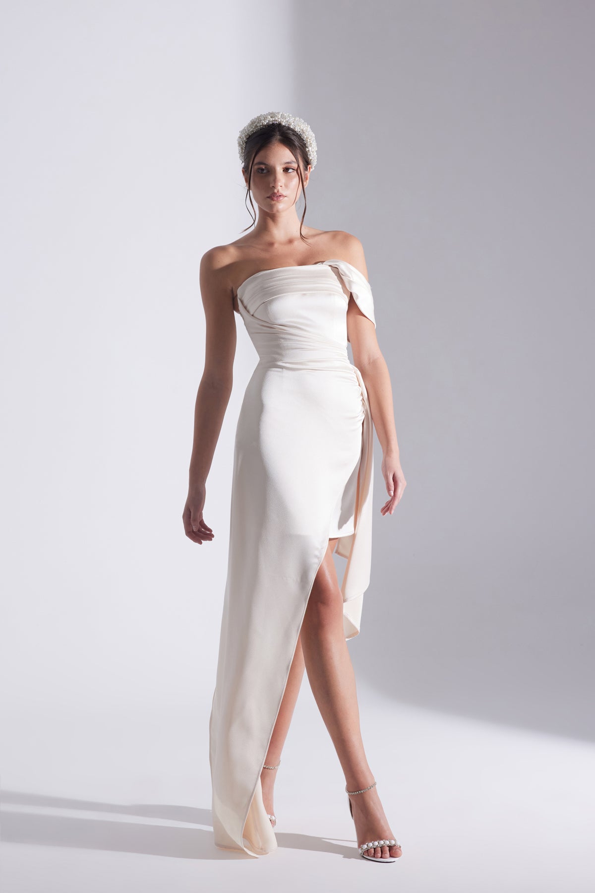 MELDA EKRU Asymmetric Satin Dress