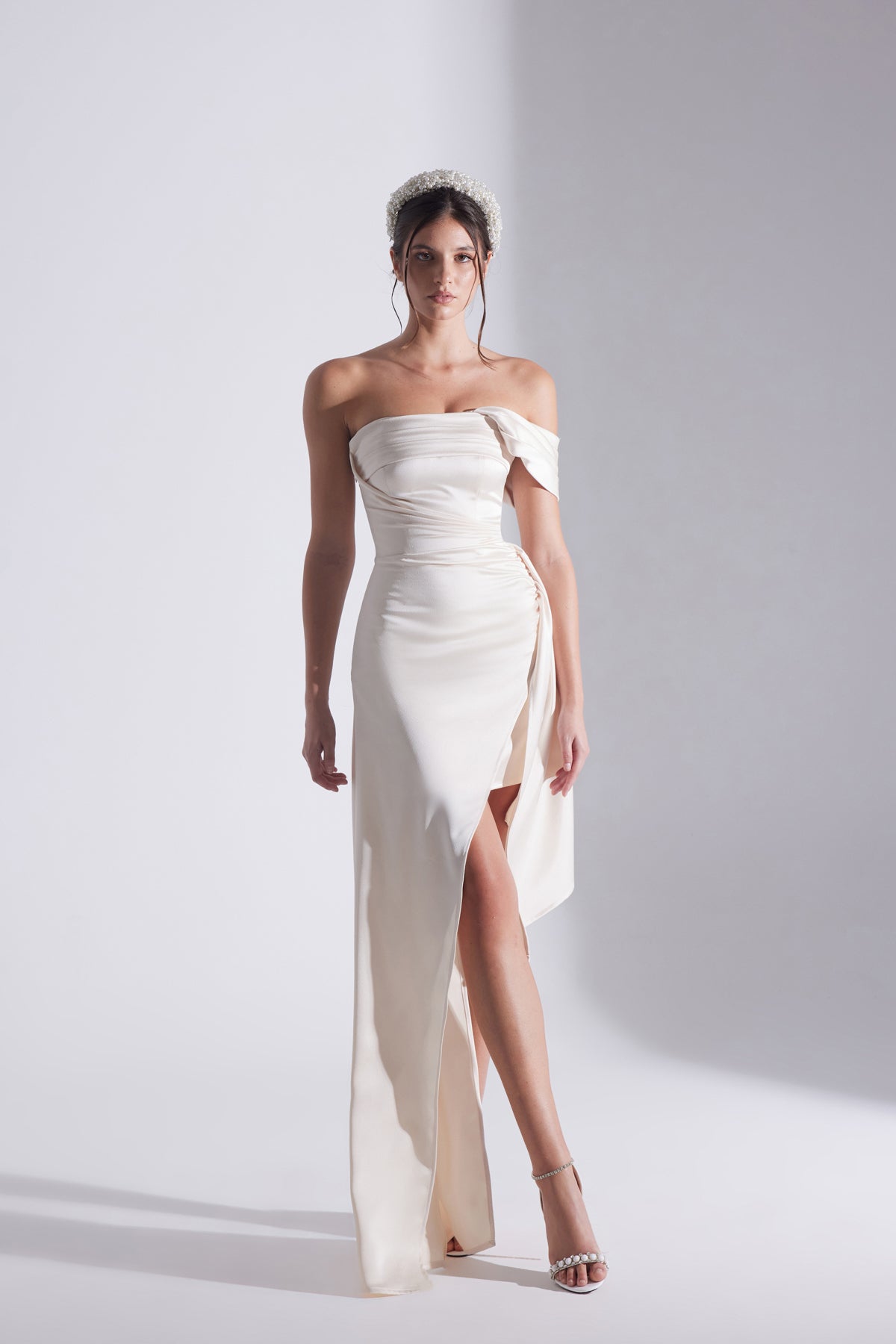 MELDA EKRU Asymmetric Satin Dress