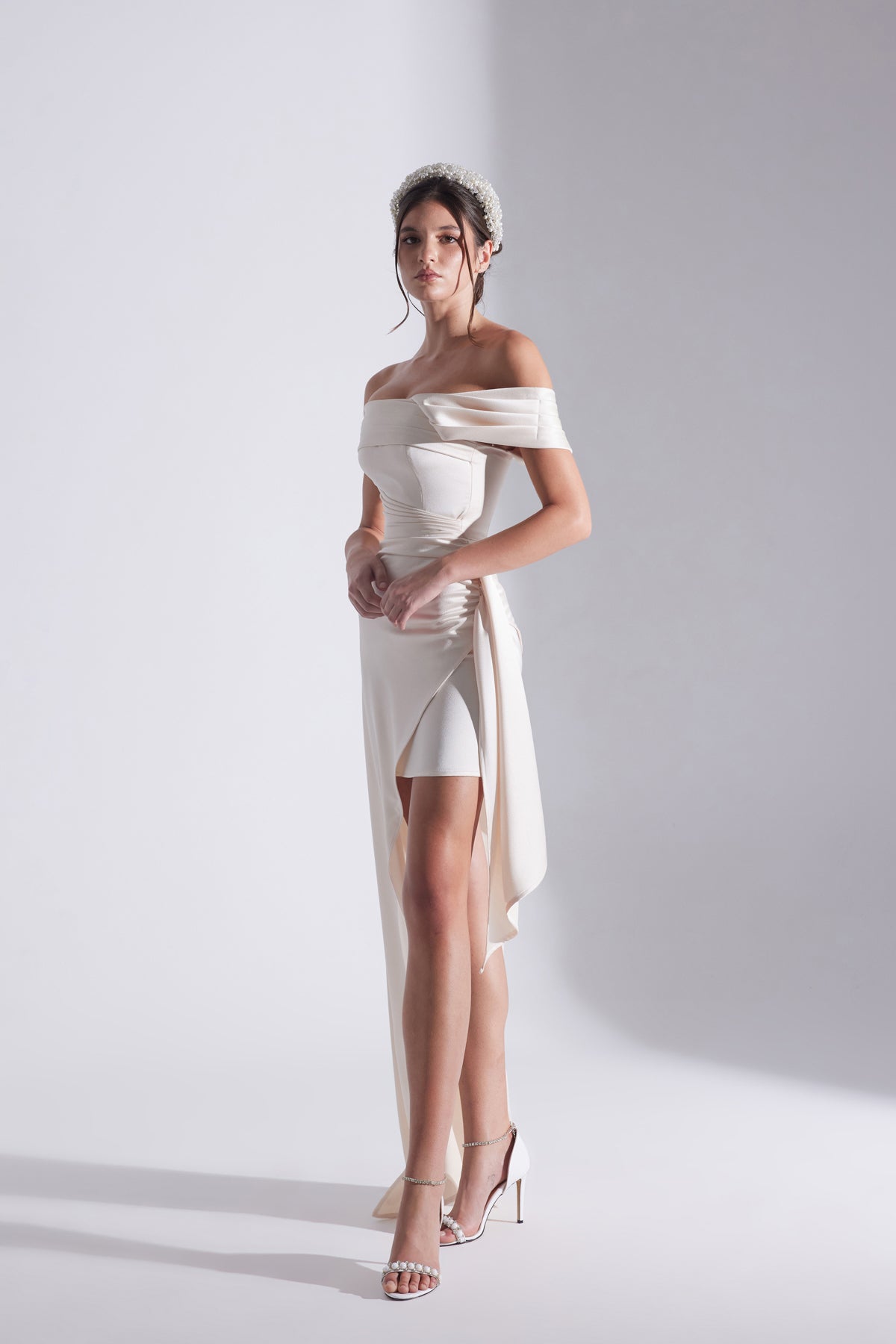MELDA EKRU Asymmetric Satin Dress