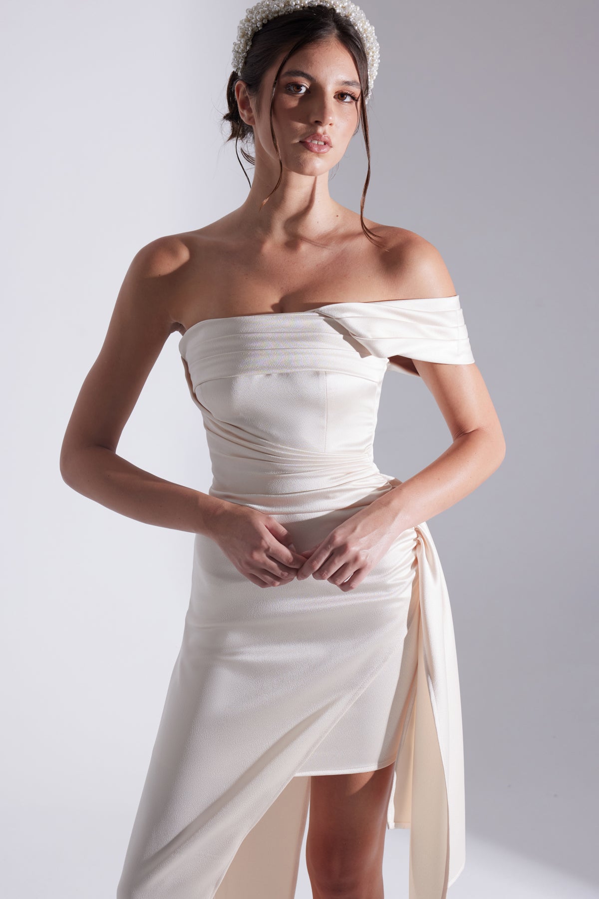 MELDA EKRU Asymmetric Satin Dress