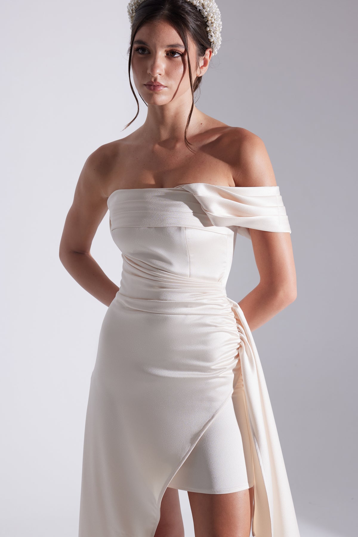 MELDA EKRU Asymmetric Satin Dress