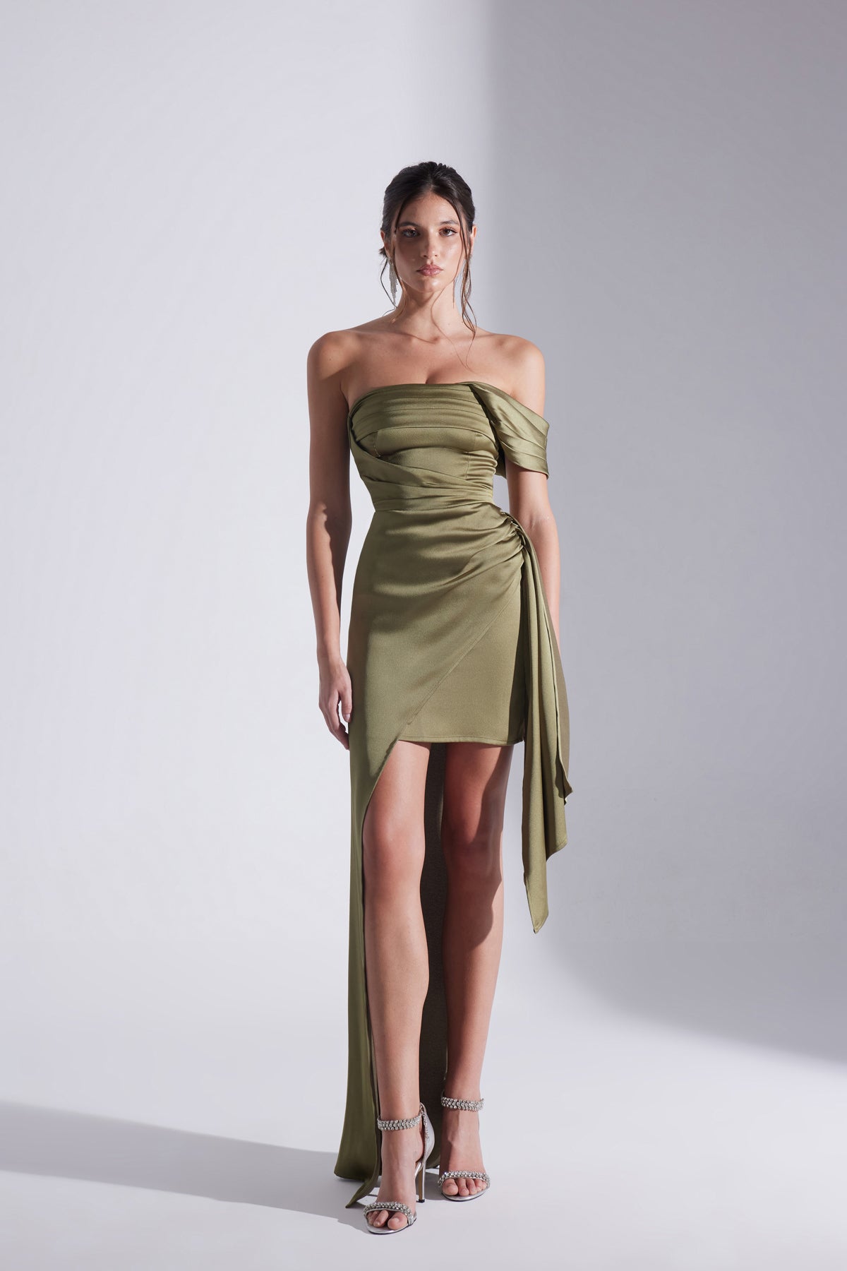 MELDA HAKİ Asymmetric Satin Dress