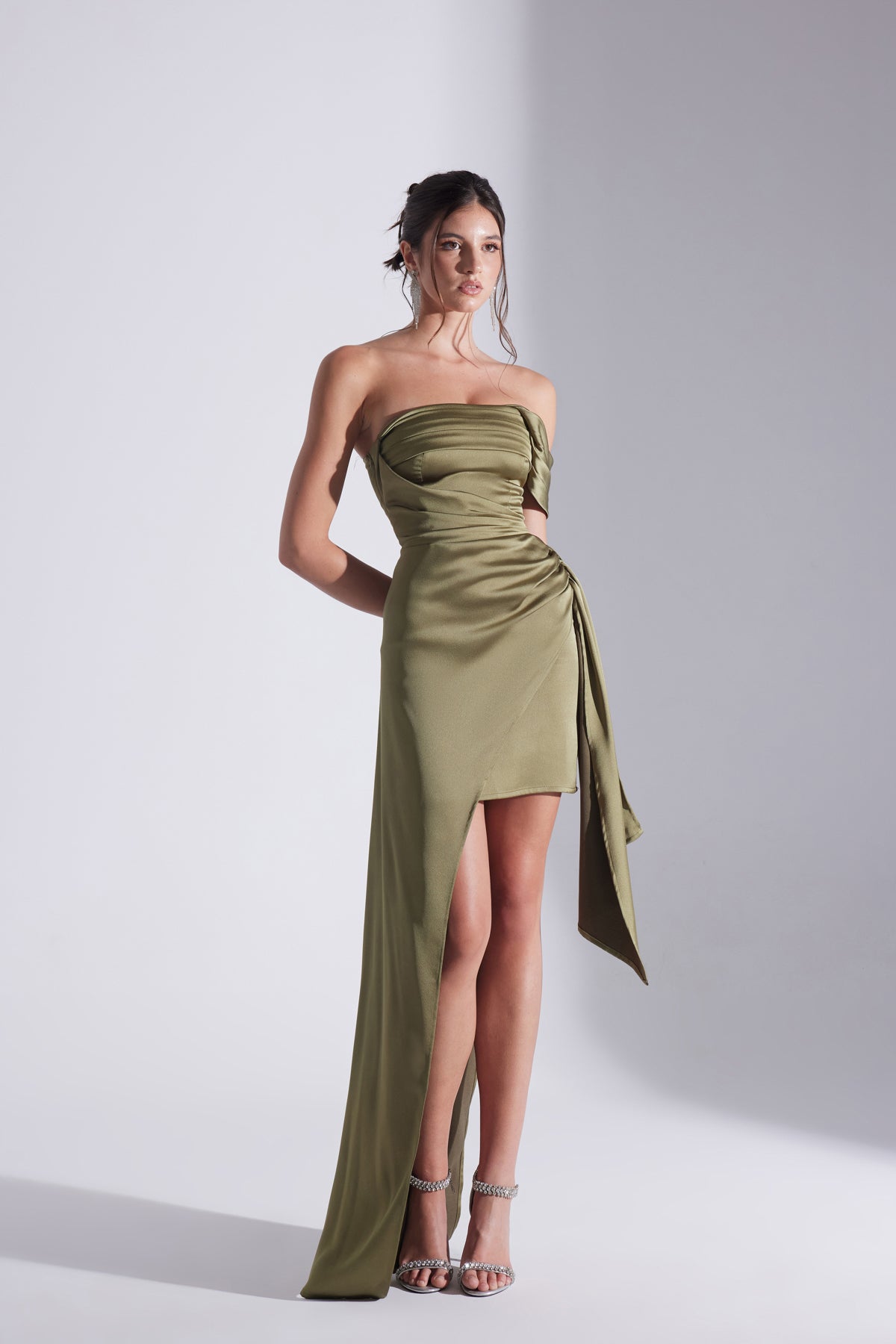 MELDA HAKİ Asymmetric Satin Dress