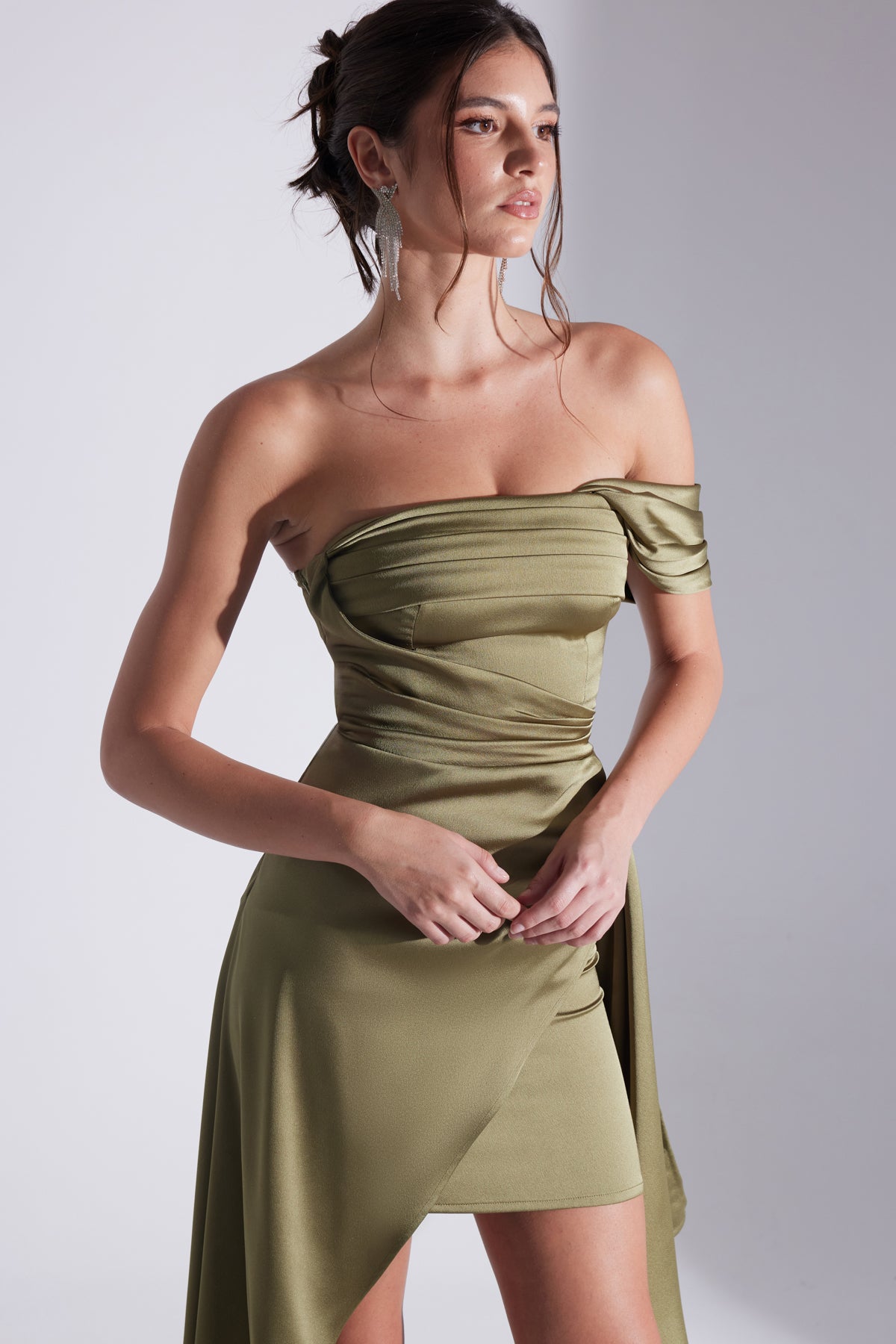 MELDA HAKİ Asymmetric Satin Dress