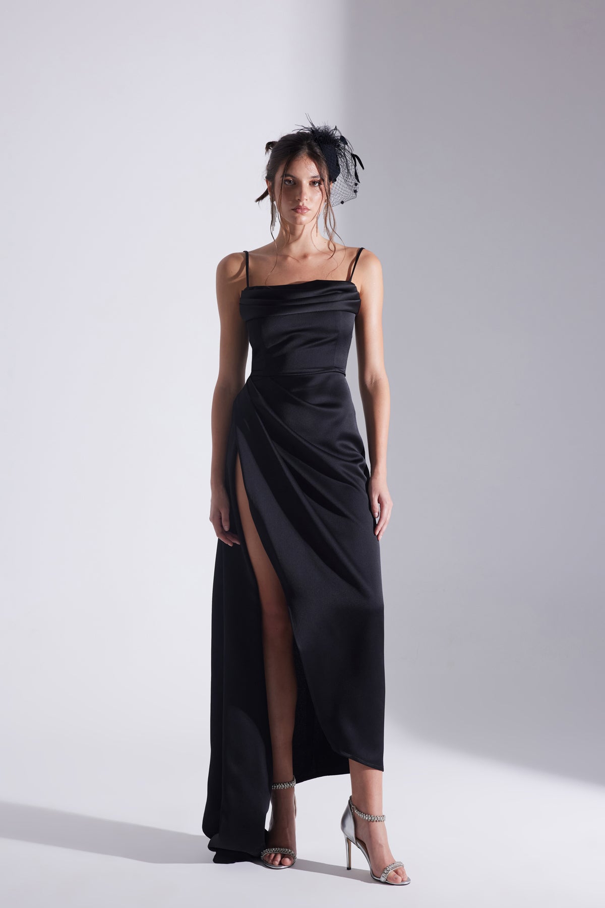 Violet BLACK Satin Draped Strap Dress