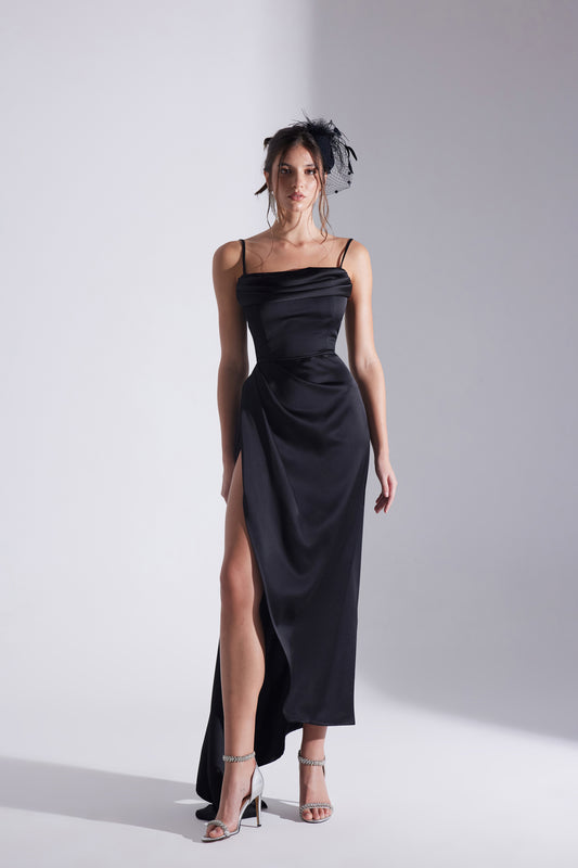 Violet BLACK Satin Draped Strap Dress