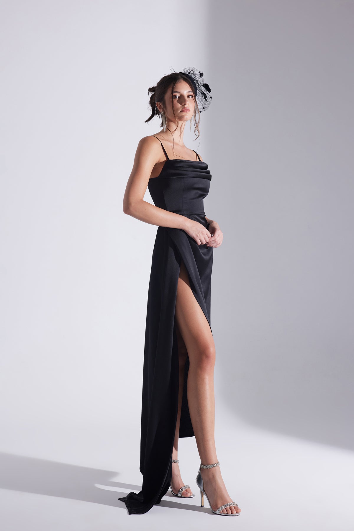 Violet BLACK Satin Draped Strap Dress