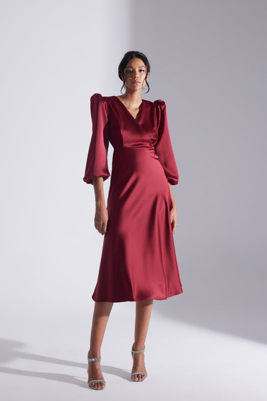 Merry DARK RED Crossed Collar Flared Dress