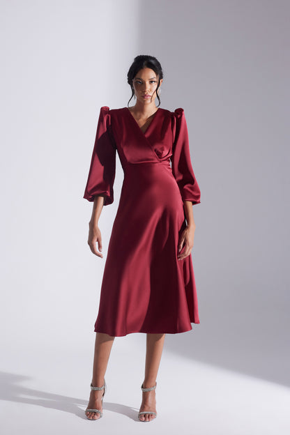 Merry DARK RED Crossed Collar Flared Dress