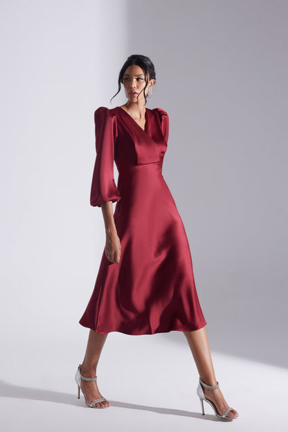 Merry DARK RED Crossed Collar Flared Dress