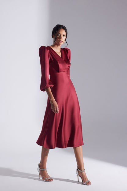Merry DARK RED Crossed Collar Flared Dress