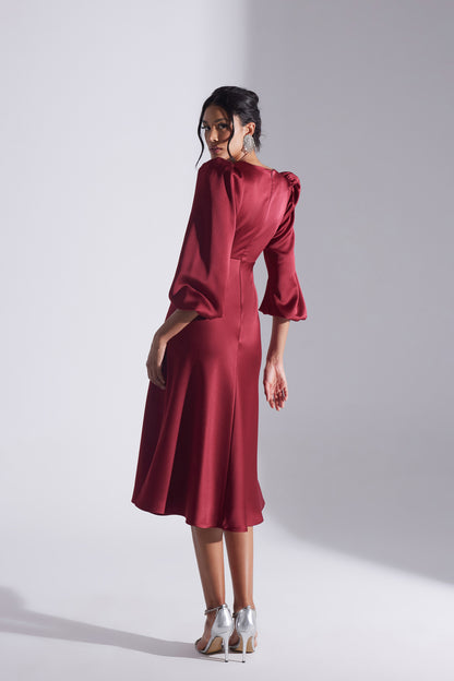 Merry DARK RED Crossed Collar Flared Dress