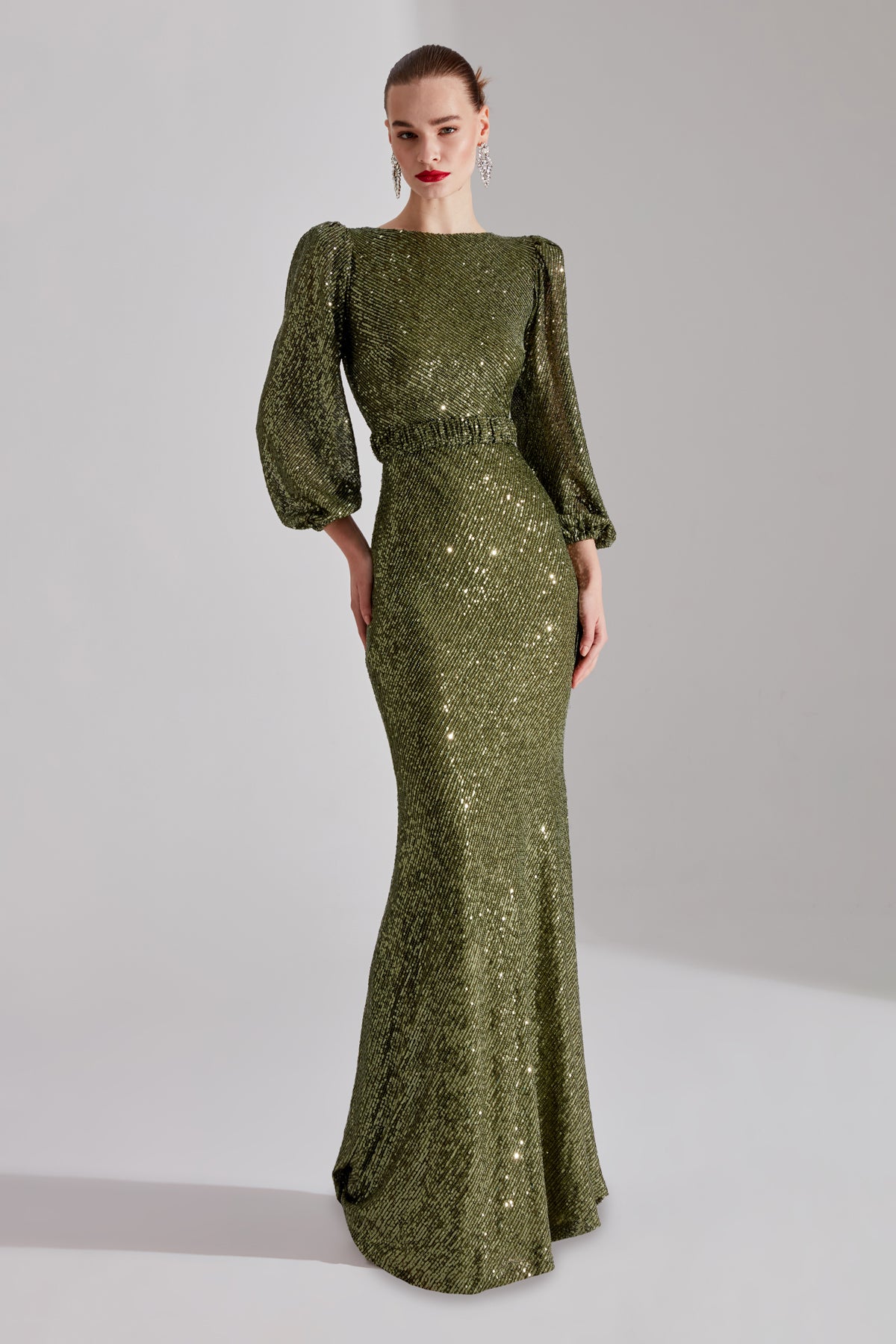 GRACE Glänzendes Pailletten HAKI Ballonärmel Maxi Abendkleid