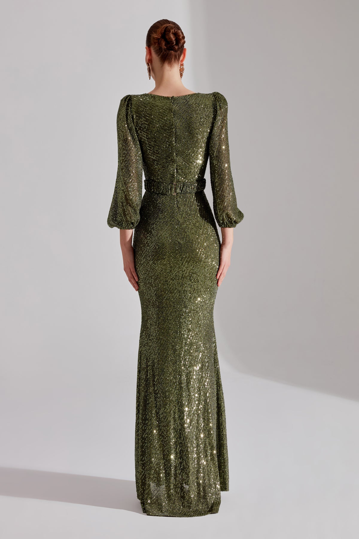 GRACE Glänzendes Pailletten HAKI Ballonärmel Maxi Abendkleid