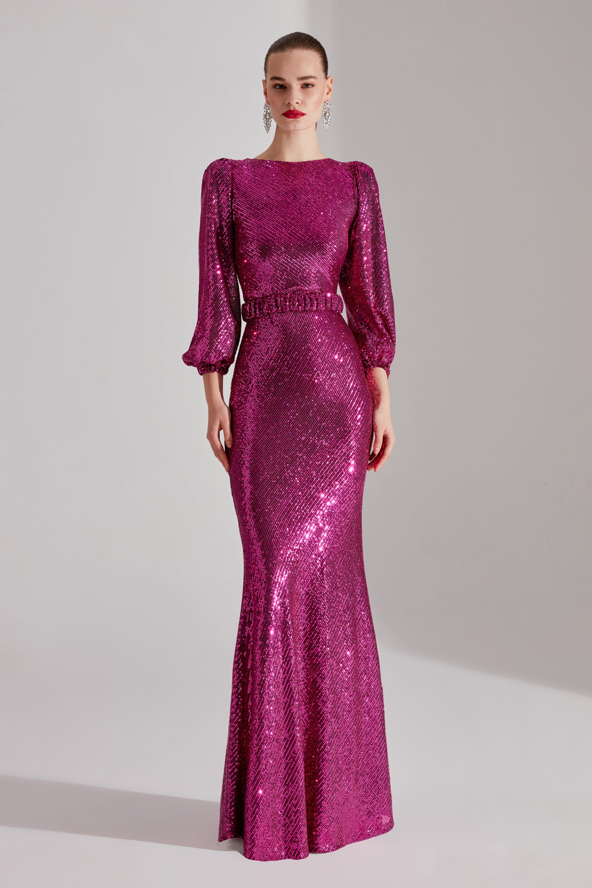GRACE Glänzendes Pailletten FUCHSIA Ballonärmel Maxikleid Abendkleid