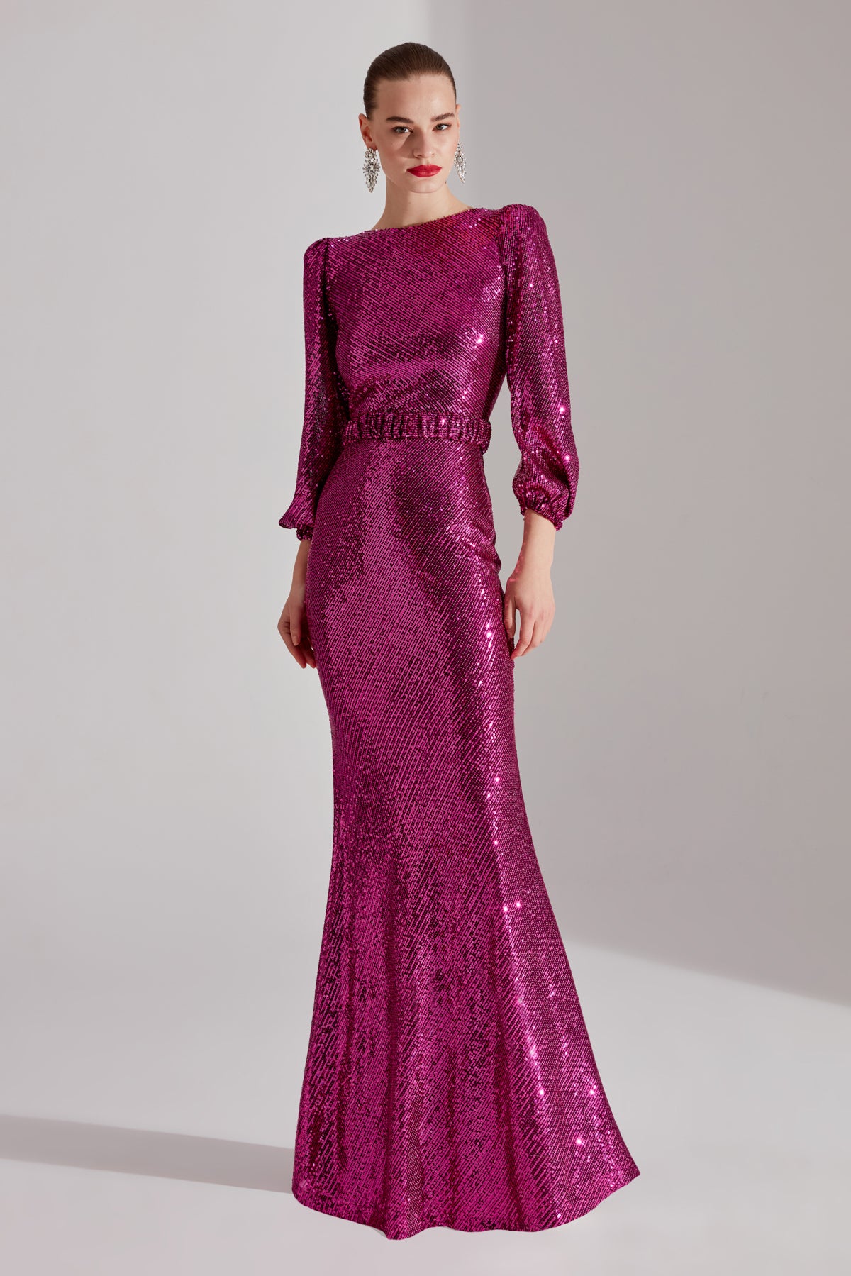 GRACE Glänzendes Pailletten FUCHSIA Ballonärmel Maxikleid Abendkleid